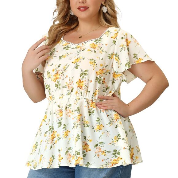 Agnes Orinda Tops - Plus Size Peplum Tops Women Flare Sleeve Sweetheart Neck Floral Blouses White